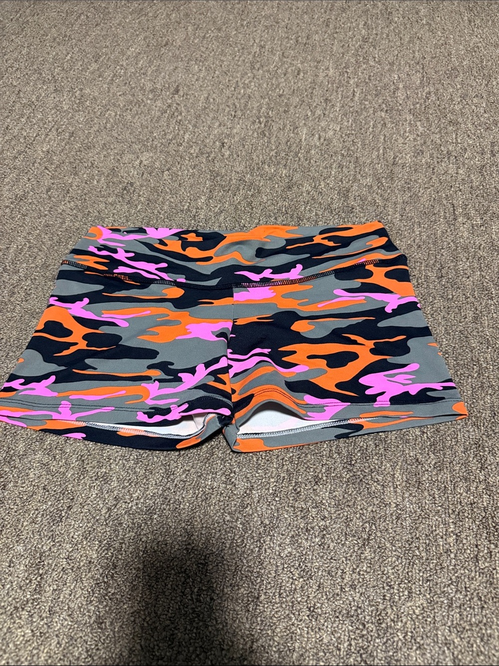 Camo-Print High-Rise Bike Shorts in Orange, Pink, and Gray